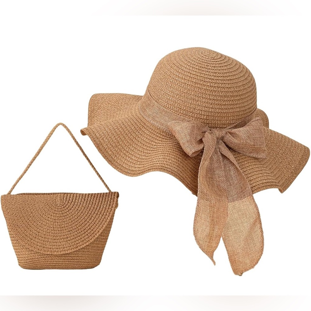 Elegant Tan Sun Hat with Bow Detail and Matching Bag